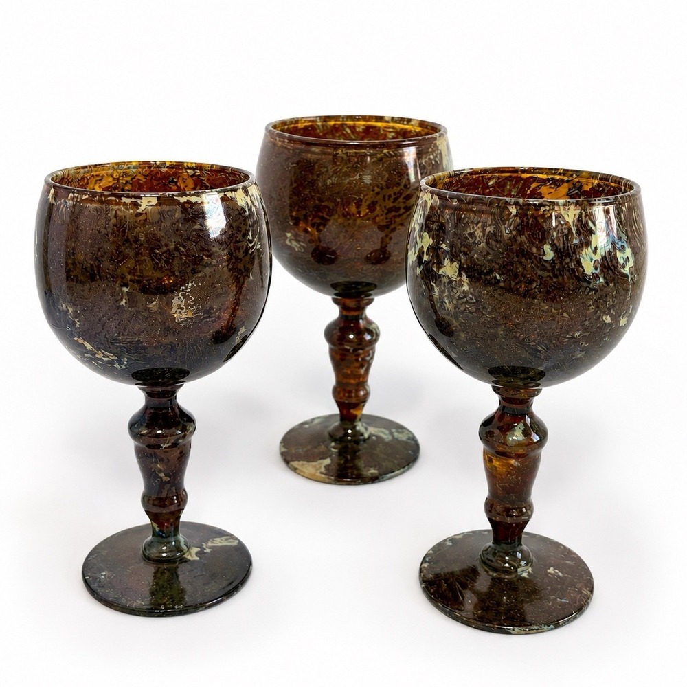 Neiman Marcus Set of 3 Art Glass Goblets Moss Agate Marbled Brown Iridescent